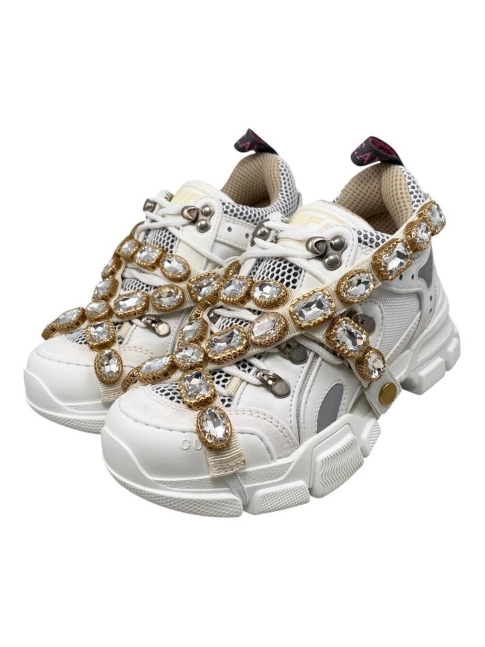 Gucci Sneakers Flash Trek Crystal 34.5 Mesh Logo White Gold